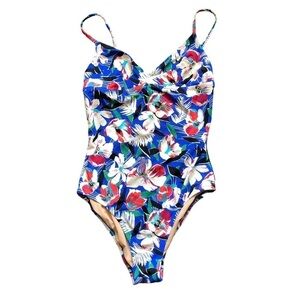 J. CREW FACTORY - Blue, Red & White Floral V-Neck One-Piece Swimsuit -Size Small
